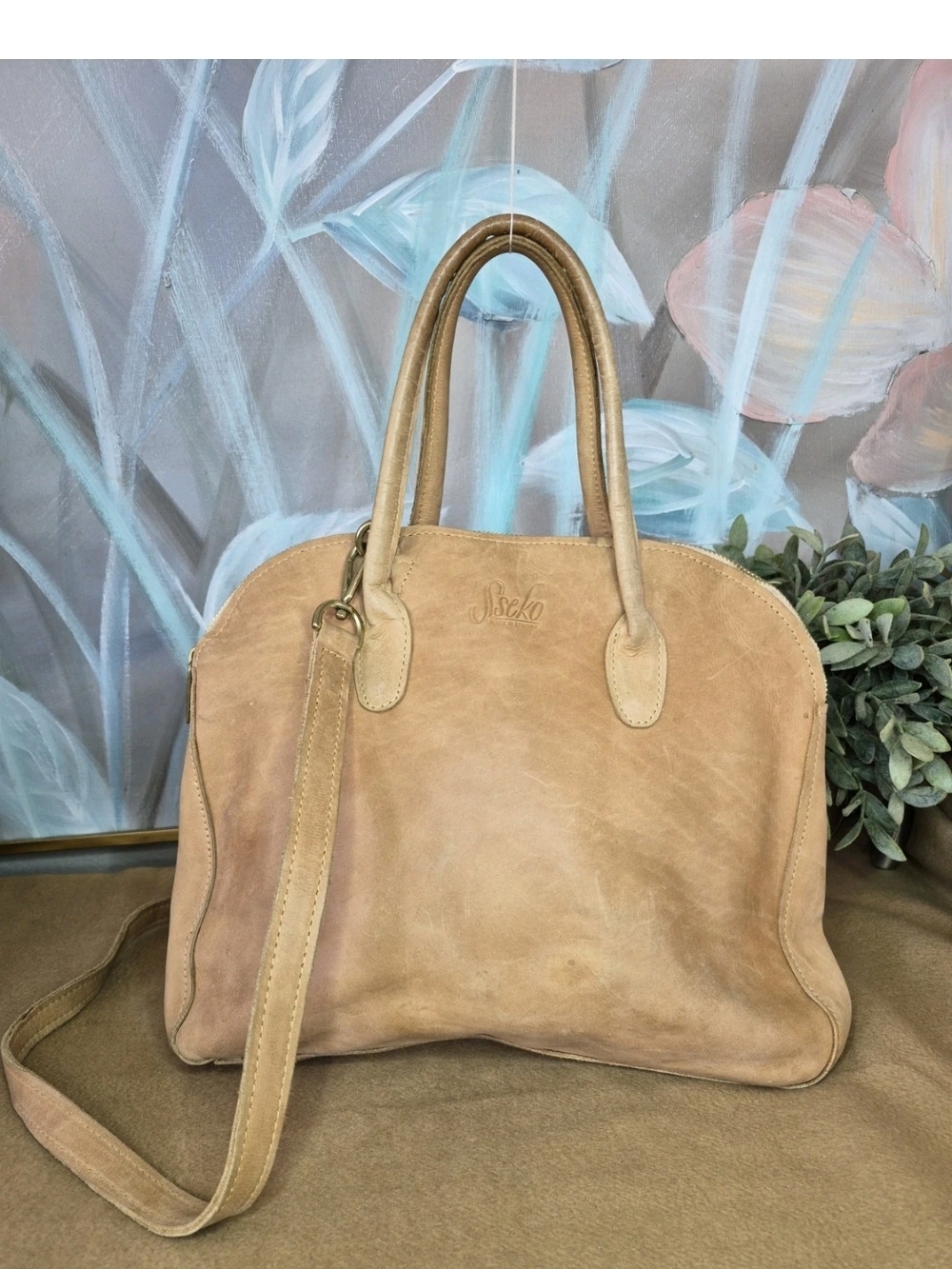 Vintage Sseko Sheba Light Tan Leather Crossbody Top Handle Bag